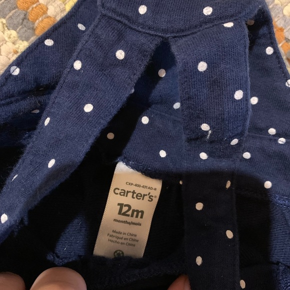(3/$30) Carter’s blue & white polka dot turkey skirted overalls size 12 months - Picture 2 of 3